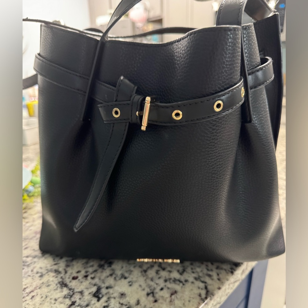 Michael Kors Black Leather Shoulder Bag with Gold Accents
